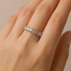 Silver Eternity Band Ring Baguette & Round CZ Stones Size 11